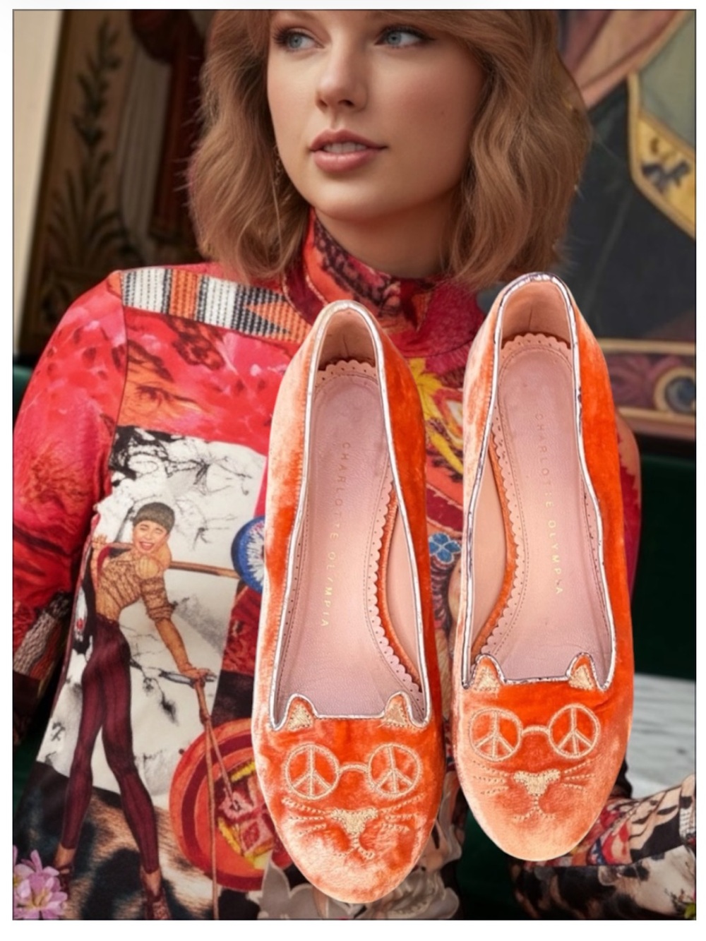 Charlotte Olympia Coral Velvet Cat Loafers Peace Sign